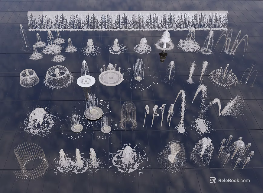 Different Water Feature Fountains With Various Design Styles And Spray Patterns 3d model