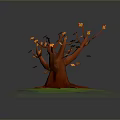 Red Trunk Tree With Yellow Leaves On Green Ground And Scattered Fallen Leaves