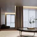 Modern Living And Dining Area With Gray Sofa Black Coffee Table Wooden Floor Hanging Lights