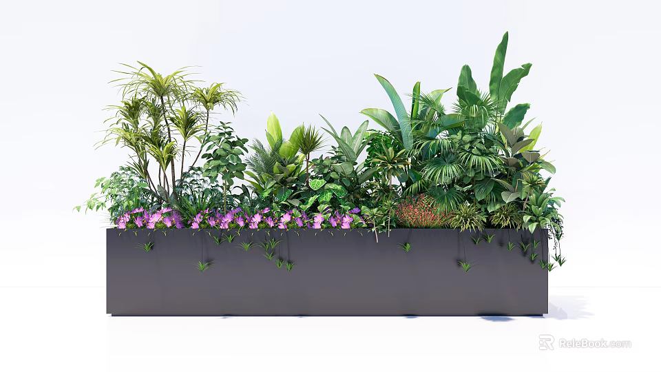 Modern Dark Long Flower Planter With Lush Green Plants And Purple Flowers 3d model 