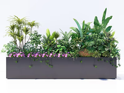 Modern Dark Long Flower Planter With Lush Green Plants And Purple Flowers 3d model