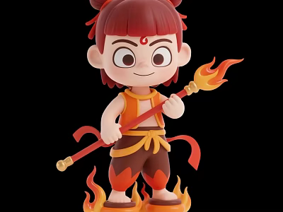 Red Haired Man Holding Fire Tipped Spear Standing On Flames In Orange Brown Outfit 3d model