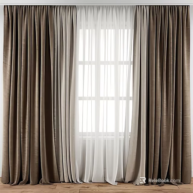 Stylish Brown Curtains With White Sheer Panels For Window Interior Design 3d model 