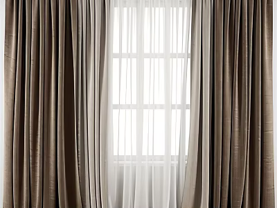 Stylish Brown Curtains With White Sheer Panels For Window Interior Design 3d model