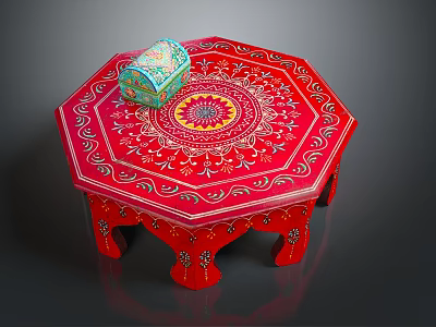 Red Octagonal Table With Intricate Floral Patterns And Decorative Box Top 3d model