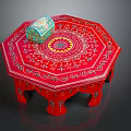 Red Octagonal Table With Intricate Floral Patterns And Decorative Box Top 3d model