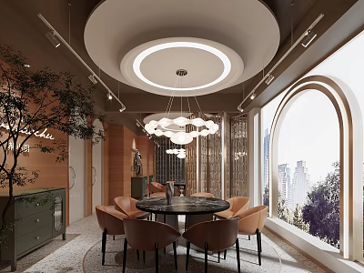 Elegant Private Dining Room With Round Table Brown Chairs Large Window And Chandelier 3d model