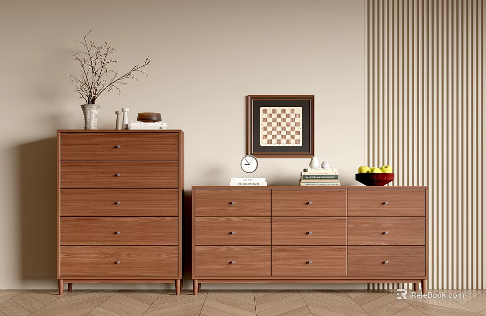 Wooden Entryway Cabinet and Side Cabinet with Vase Twigs Framed Art Clock Books Fruit Bowl 3d model 