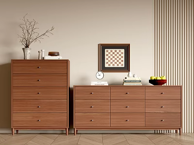 Wooden Entryway Cabinet and Side Cabinet with Vase Twigs Framed Art Clock Books Fruit Bowl 3d model