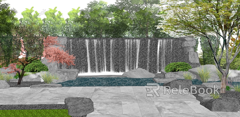 Modern landscape sketch drop water landscape wall water curtain wall pool sketch model