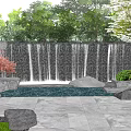 Stone Waterfall Feature Wall With Cascading Water And Reflective Pool Surrounded By Lush Greenery 3d model