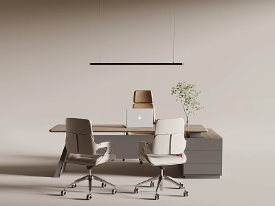 Modern Office Desk with Laptop Small Plant Ergonomic Chairs Cabinet Drawers and Hanging Pendant Light 3d model