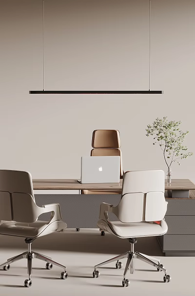 Modern Office Desk with Laptop Small Plant Ergonomic Chairs Cabinet Drawers and Hanging Pendant Light 3d model