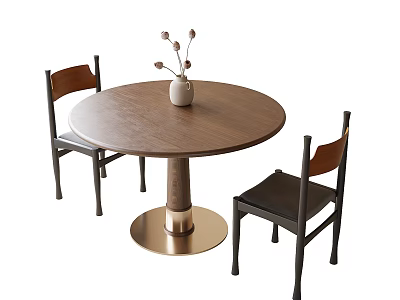 Minimalist Wooden Round Dining Table With Metal Base Two Chairs And Vase With Dried Flowers 3d model