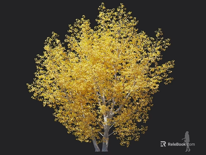 Tree with Golden Yellow Leaves Against Black Background Showing Size Scale via Small Human Figure 3d model 