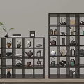 Dark Wooden Bogu Shelf with Multiple Compartments Displaying Tea Sets Ceramic Wares and Decorative Items