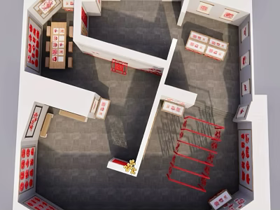 Modern Retail Store Interior Layout With Shelves Red Decorations And Product Boxes 3d model
