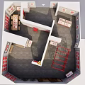 Modern Retail Store Interior Layout With Shelves Red Decorations And Product Boxes 3d model