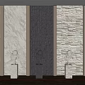 Modern Background Wall Design With Marble Dark Vertical Stripes Stone Tile And Sculptures On Pedestals