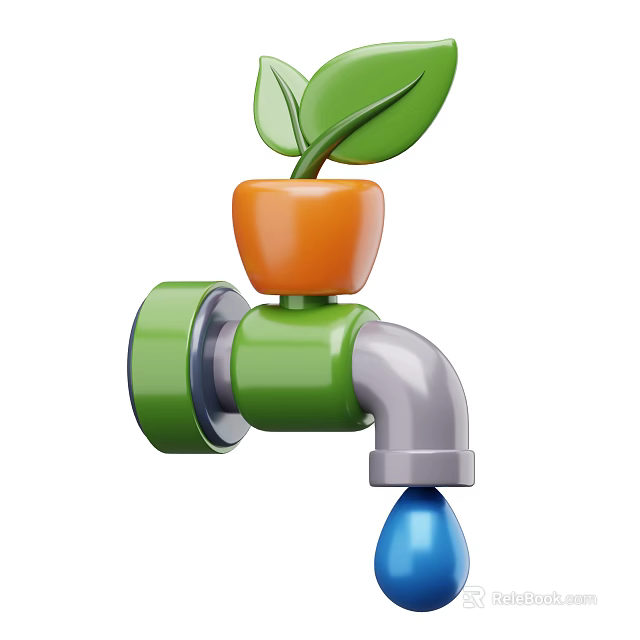 Creative Decorative Ornament Set with Green Faucet Orange Top Green Leaf and Blue Water Drop 3d model 