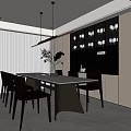Modern Restaurant Interior With Dining Table Black Chairs Pendant Lights And Decorative Plants