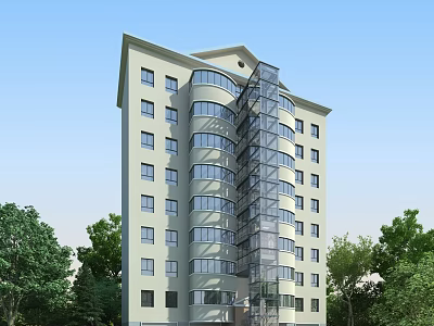 Modern High Rise Residential Building With Glass Facade And Surrounded By Green Trees 3d model