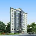 Modern High Rise Residential Building With Glass Facade And Surrounded By Green Trees