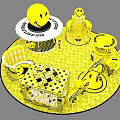 Interactive Yellow Smiley Face Themed Space With Circular Booths Installations And Patterns 3d model