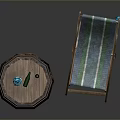 Rustic Wooden Barrel And Striped Deck Chair With Drink Bottles Setup