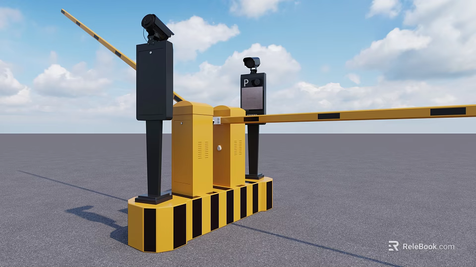 Public Parking Barrier Gate System With Yellow Structure Black Pillars And Cameras 3d model
