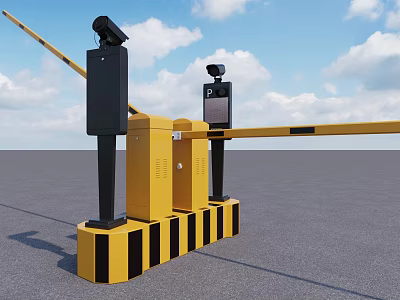 Public Parking Barrier Gate System With Yellow Structure Black Pillars And Cameras 3d model