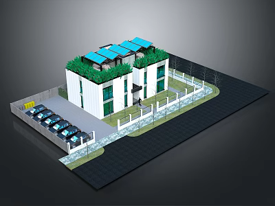 Modern White Building With Green Roof Solar Panels Parking Area And Fence 3d model