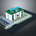Modern White Building With Green Roof Solar Panels Parking Area And Fence