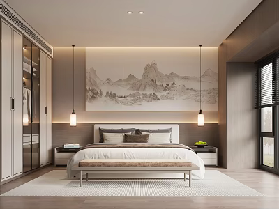 Modern Bedroom Interior With Landscape Painting Wall Bedside Pendant Lights Glass Door Wardrobe And Bench 3d model
