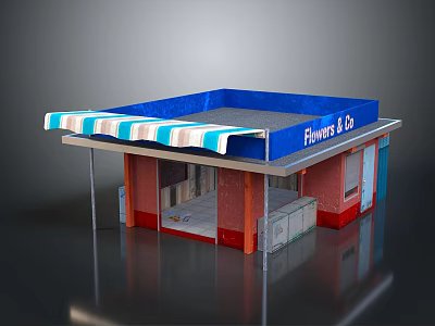 Flower Shop Storefront With Blue Roof Striped Awning And Glass Display Windows 3d model