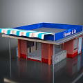 Flower Shop Storefront With Blue Roof Striped Awning And Glass Display Windows