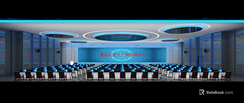 Modern Spacious Monitoring Room With Large Led Screen And Neatly Arranged Professional Operator Workstations 3d model 