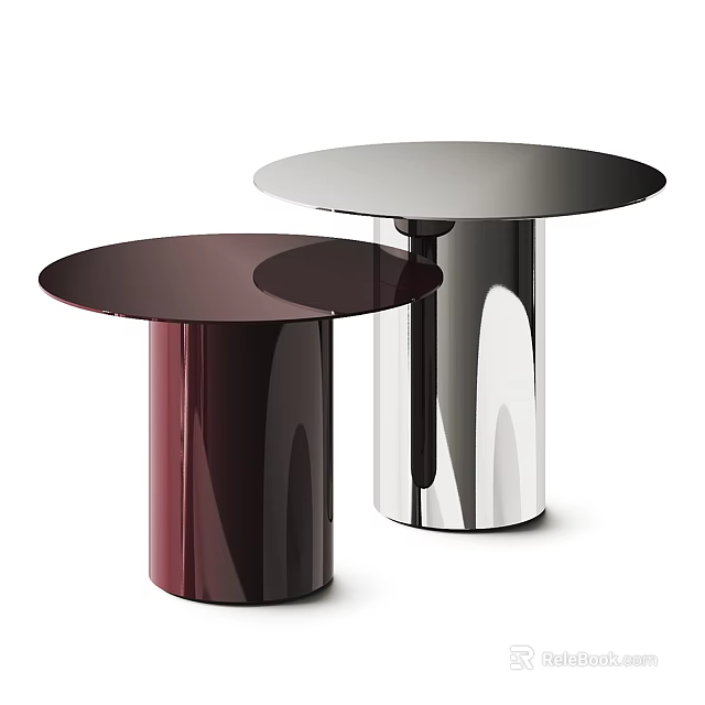 Sleek Modern Round Top Coffee Tables With Maroon And Silver Cylindrical Bases 3d model 