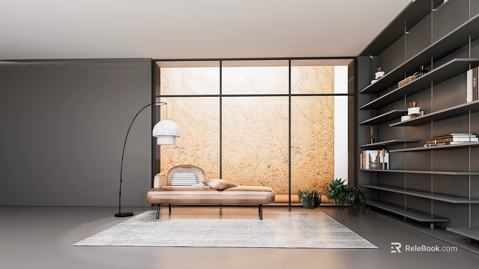 Modern Chaise Lounge Interior Featuring Large Windows Textured Wall Floor Lamp Green Plants and Rug 3d model 