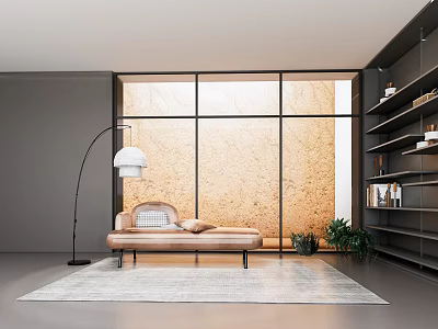 Modern Chaise Lounge Interior Featuring Large Windows Textured Wall Floor Lamp Green Plants and Rug 3d model