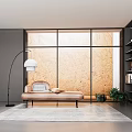 Modern Chaise Lounge Interior Featuring Large Windows Textured Wall Floor Lamp Green Plants and Rug