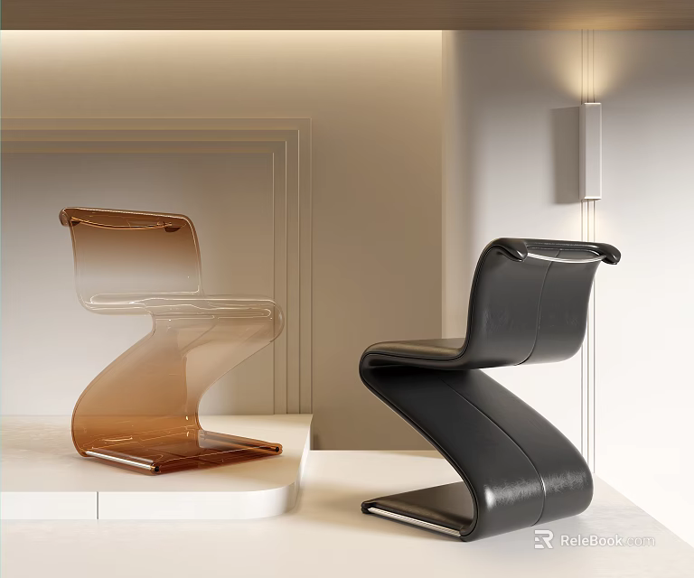 Modern Dining Chairs With Transparent Acrylic And Black Leather Curved Unique Design 3d model 