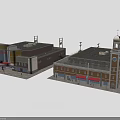 Two Adjacent Commercial Buildings With Clock Tower And Theater Style Storefronts