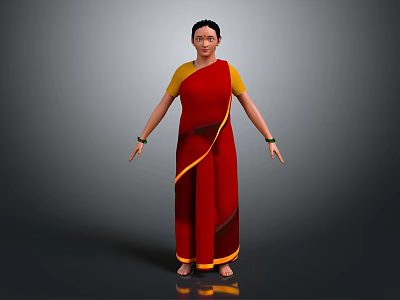 Game and Movie Character Female in Red Sari With Yellow Blouse Green Bangles and Barefoot 3d model