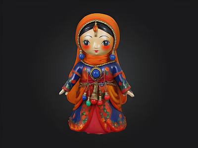 Traditional Ethnic Doll Featuring Orange Headscarf Blue Red Dress And Colorful Beaded Ornaments 3d model
