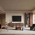 Contemporary Living Room With Large TV Wooden Cabinet Coffee Table And Accent Chairs