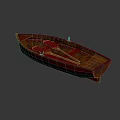 Reddish Brown Wooden Boat with Seats and Reflection on Dark Smooth Surface