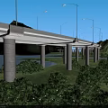 Modern Bridge With Street Lamps Concrete Pillars Over River And Green Mountains