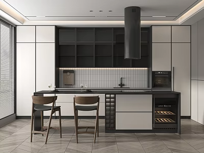 Modern Kitchen Interior Design With Island Counter Cabinets Bar Stools And Appliances 3d model