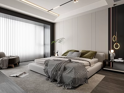 Modern Bedroom Interior With Green Gray Pillows Checkered Blanket Side Table Plant And Window Blinds 3d model